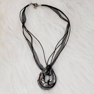 Medallion Cord Necklace  Multi Strand Glass Art Black silver copper Choker 1990s